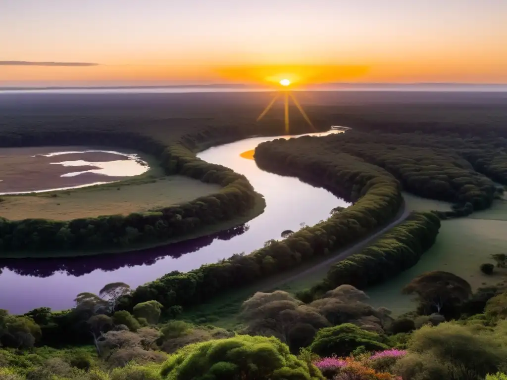 Orígenes prehistoria Uruguay viaje: amanecer dorado en la reserva de Quebrada de los Cuervos, con vestigios antiguos y petroglifos