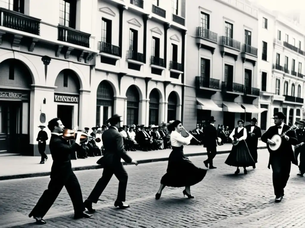 Orígenes e influencias del tango uruguayo reflejados en una antigua calle de Montevideo, con músicos apasionados y parejas danzando