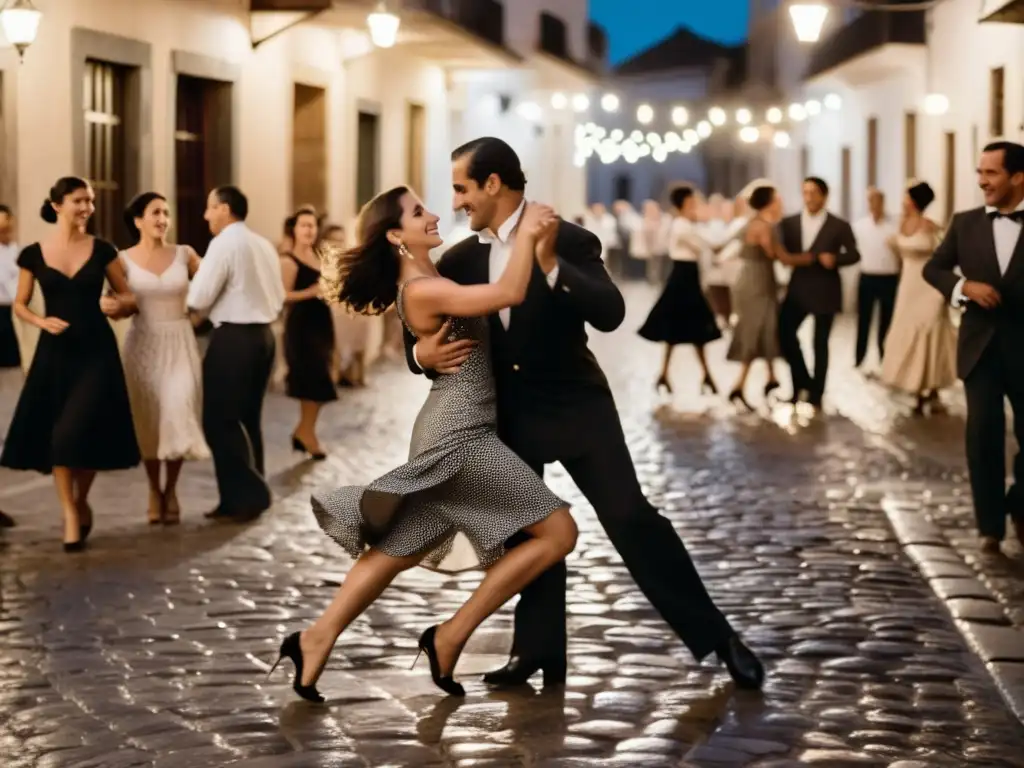 Orígenes e influencias del tango uruguayo resplandecen en una imagen vintage de un apasionado baile en las calles empedradas