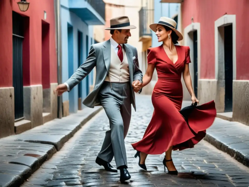 Orígenes e influencias del tango uruguayo se reflejan en la apasionada danza de una pareja en las calles de Montevideo antiguo, bajo el cálido sol