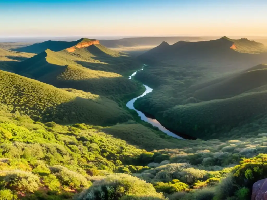 Orígenes prehistoria Uruguay viaje: panorámica de Quebrada de los Cuervos al amanecer, con flora autóctona y pinturas rupestres