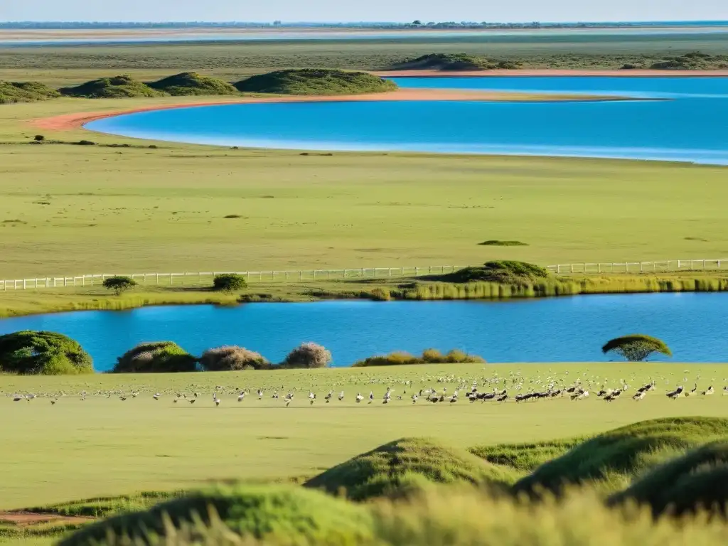 Ornitólogo explorando la avifauna rica de Uruguay, belleza cultural en paisajes diversos, desde césped hasta costas, bajo un cielo claro