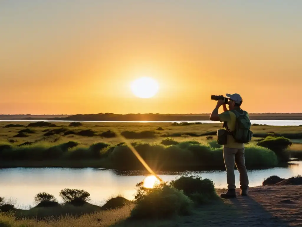 Ornitólogo disfrutando las temporadas de observación de aves en Uruguay, sumergido en un dorado atardecer que ilumina la rica biodiversidad del país