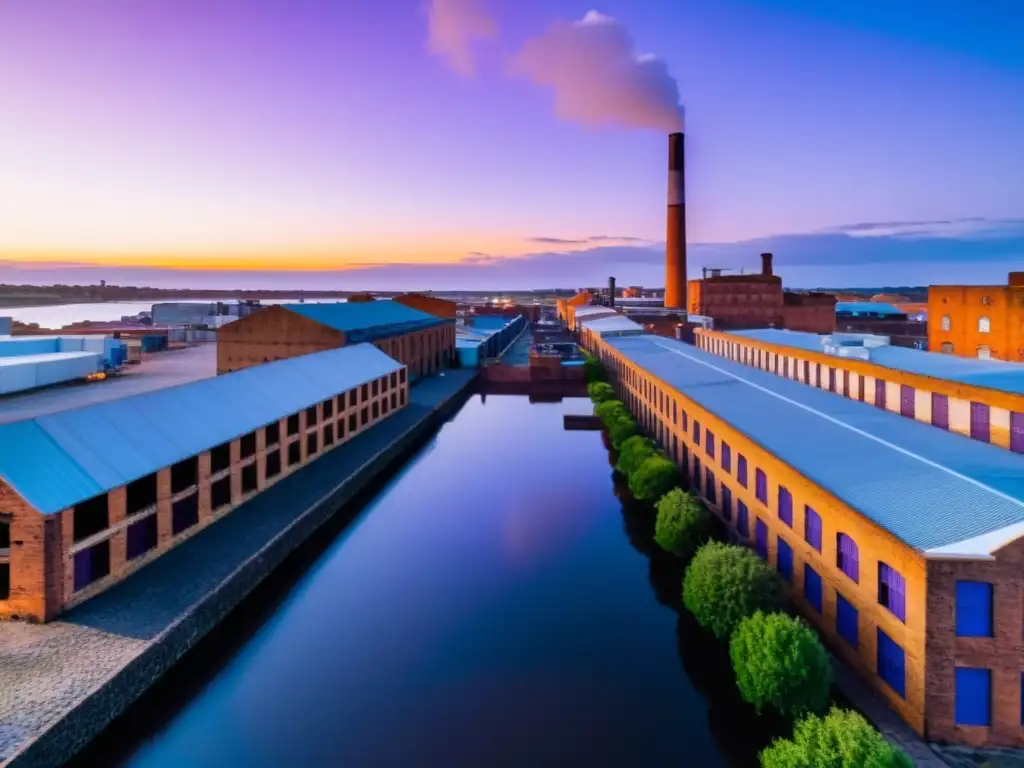 Paisaje industrial Fray Bentos Uruguay al atardecer, reflejando la dignidad y resistencia histórica en el resplandor cálido sobre edificios y río