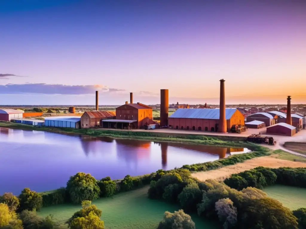 Paisaje Industrial Fray Bentos Uruguay bañado en luz dorada, con edificios antiguos, chimeneas altas y trabajadores locales