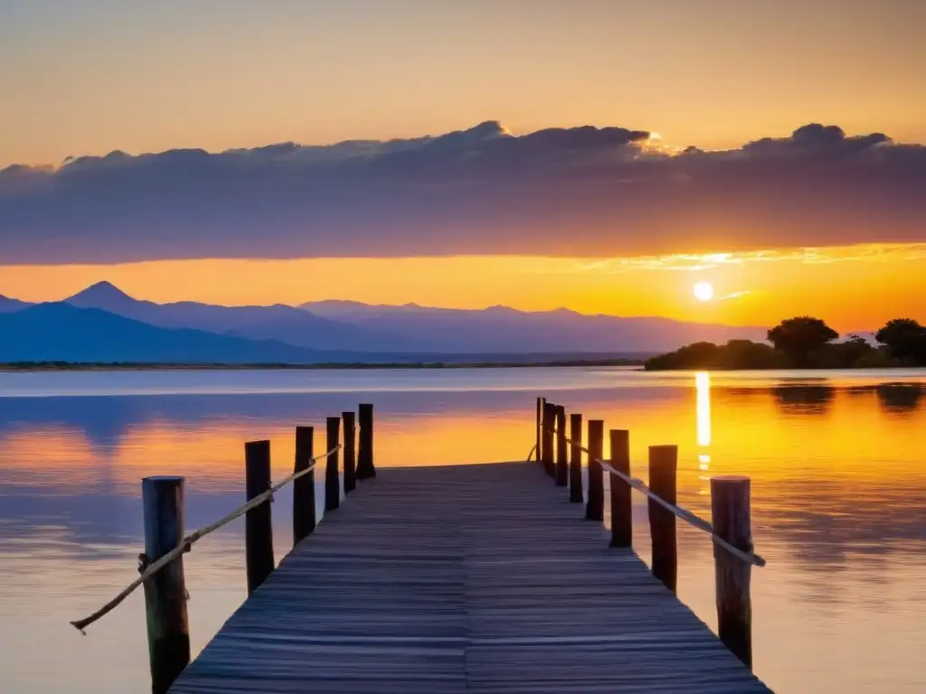 Fotografiar paisajes acuáticos en Uruguay: atardecer dorado en el Río de la Plata, muelle de madera y farol en primer plano