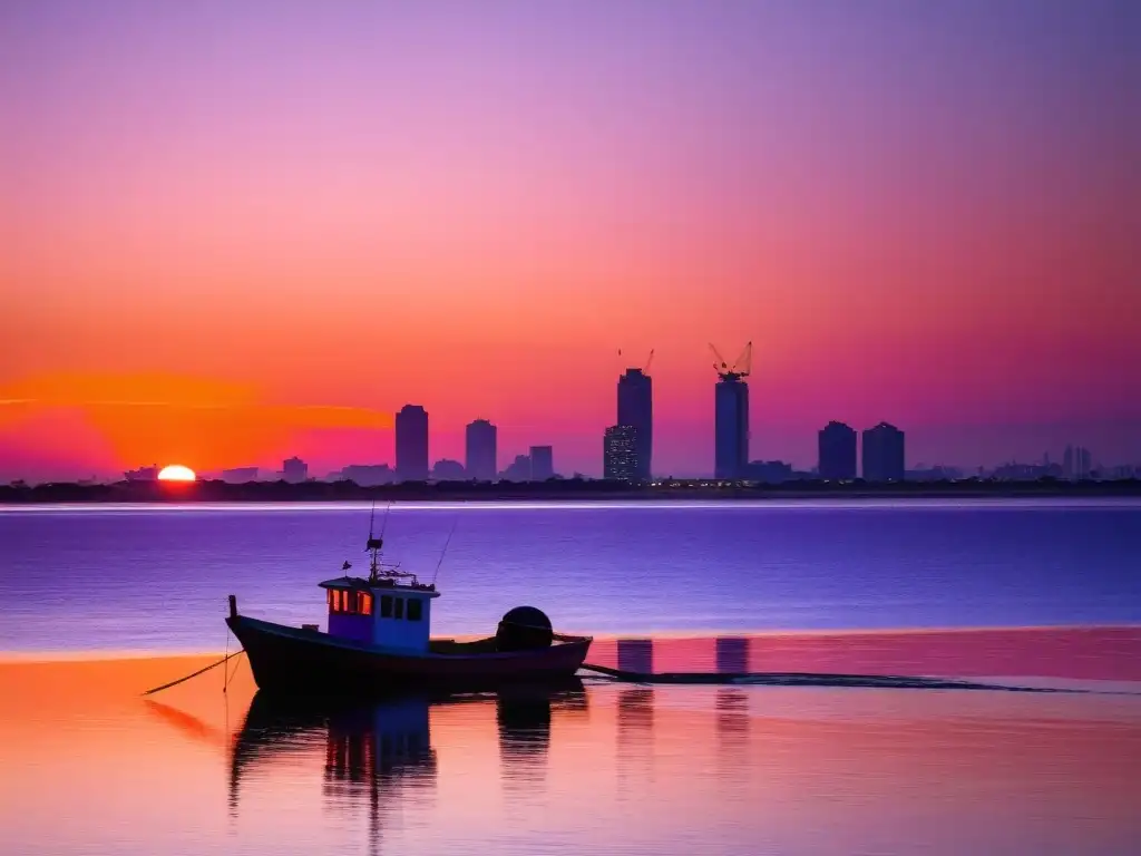 Fotografiar paisajes acuáticos en Uruguay: atardecer vibrante en Río de la Plata con barca de pesca y Buenos Aires distante