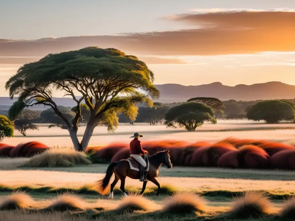 Fotografía paisajes uruguayos guía fotógrafos: gaucho cabalgando al atardecer, mar sereno y Cerro Catedral en la majestuosidad del crepúsculo