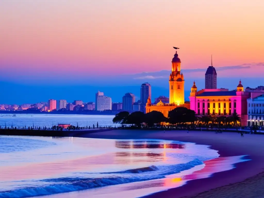 Fotografiar paisajes y cultura Uruguay: un atardecer romántico en Montevideo, con el icónico Palacio Salvo y la Rambla llena de vida