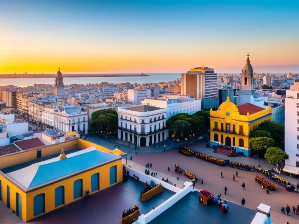 Fotografiar paisajes y cultura Uruguay: vista dorada del atardecer en Montevideo, con danzas tradicionales y la vida vibrante en la Rambla