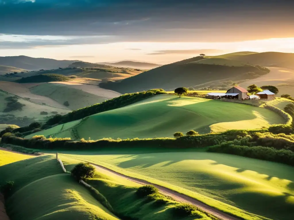 Fotografía paisajes uruguayos guía fotógrafos: una finca rústica entre colinas verdes, con ganado pastando al atardecer, bajo un cielo encendido