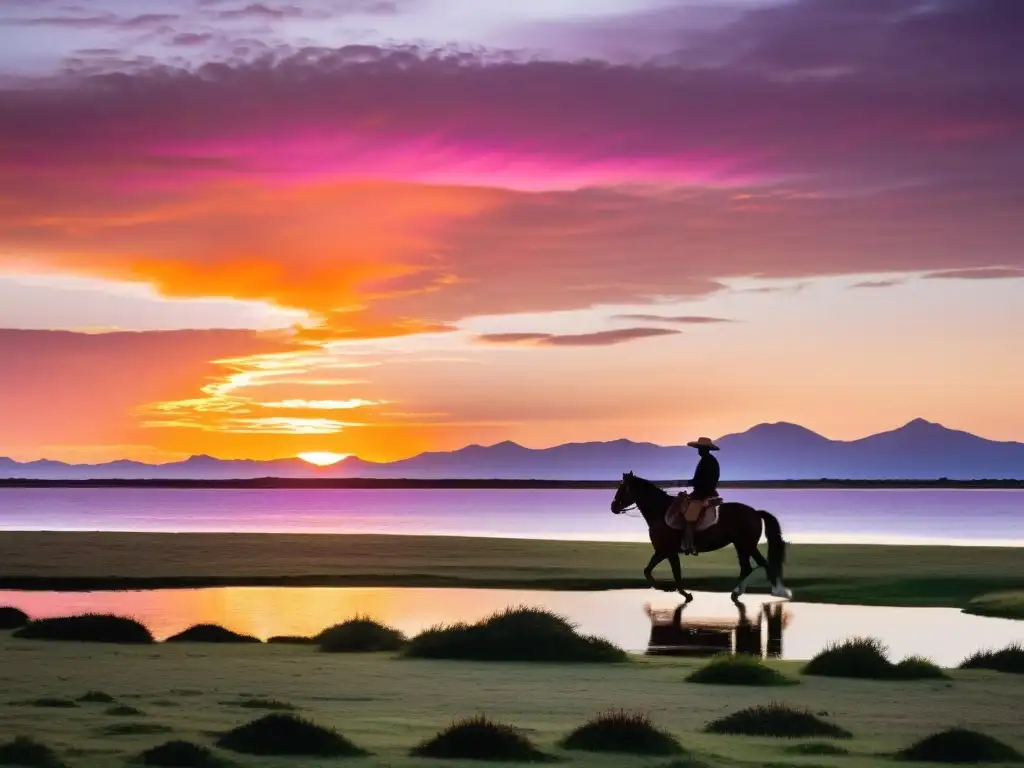 Fotografía paisajes uruguayos guía fotógrafos: Cámara vintage capturando un gaucho al atardecer entre los hermosos tonos de la pampa