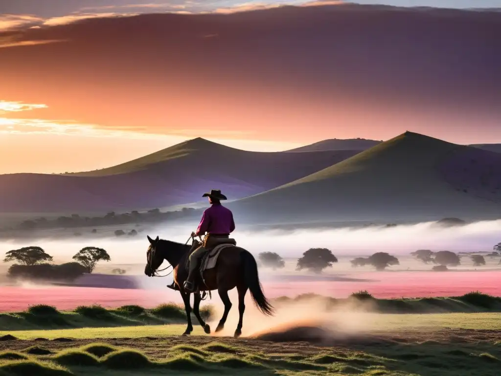 Fotografía paisajes uruguayos guía fotógrafos: gaucho solitario cabalgando al atardecer, bajo el cielo pintado de colores vibrantes