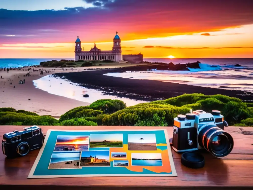 Palacio Salvo en contraluz bajo un fascinante atardecer uruguayo, rodeado de cámaras vintage y un mapa de Uruguay iluminados por la suave luz dorada