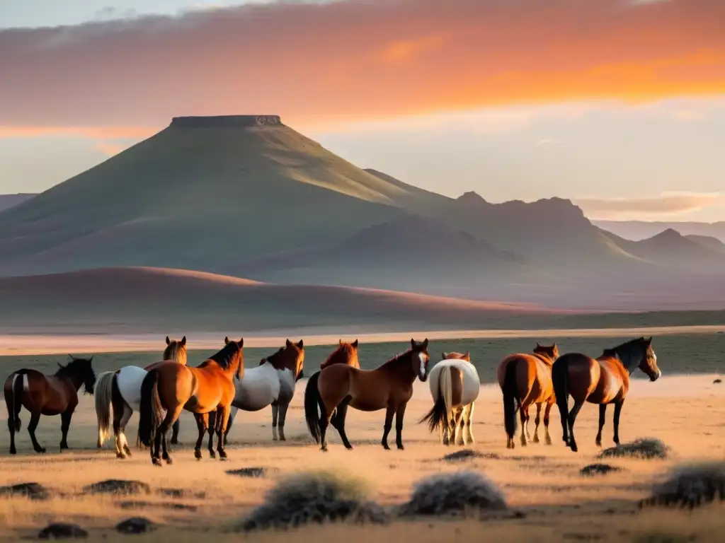 Amanecer en la pampa uruguaya con gauchos preparándose para cabalgatas, entre caballos criollos y una estancia lejana