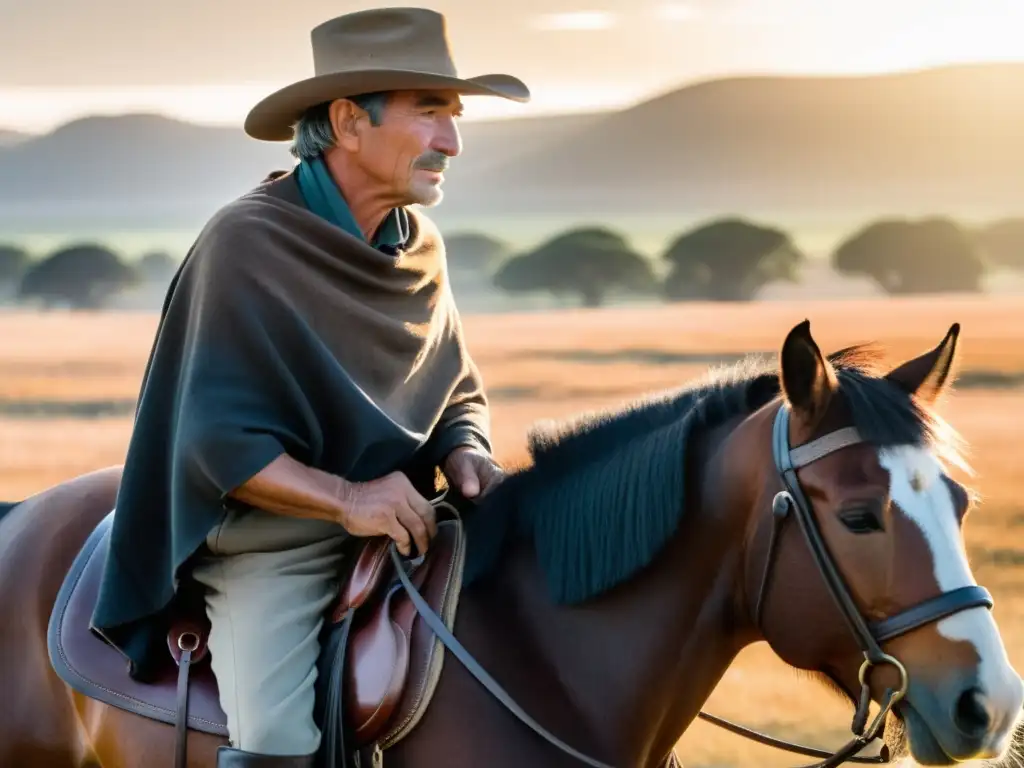 Amanecer en las Pampas uruguayas, un Gaucho curtido viste la Cultura de los Gauchos Uruguayos, alistando su caballo Criollo, bajo una bandera ondeante