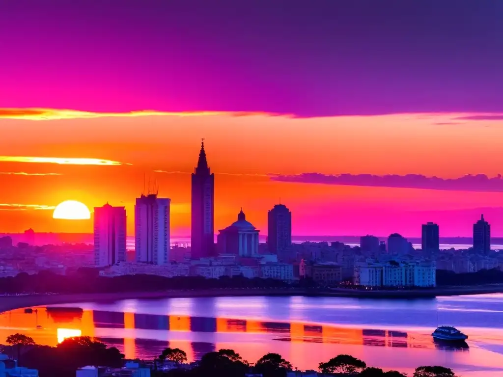 Panorama asombroso del atardecer sobre el Río de la Plata, Montevideo, uno de los mejores lugares para fotografiar atardeceres en Uruguay