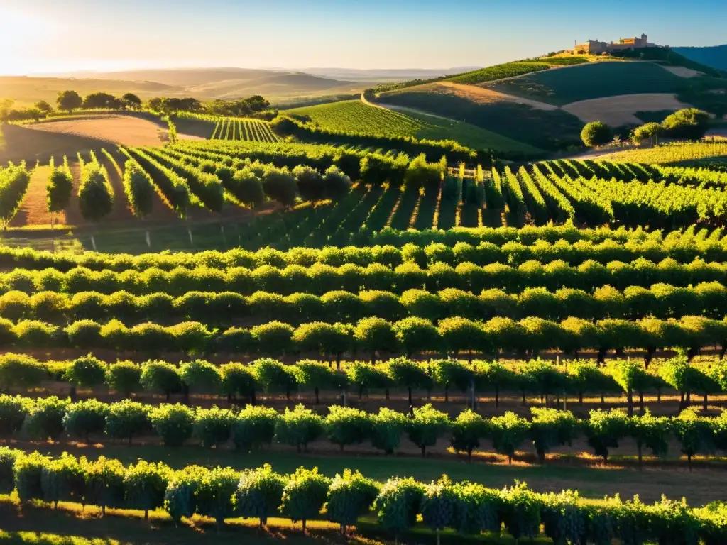 Panorama dorado de viñedos en Uruguay, evidenciando la rica cultura del vino, con haciendas y trabajadores