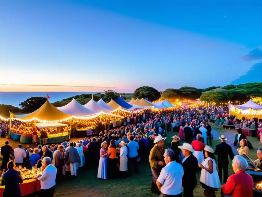 Panorama encantador de 'eventos al aire libre Uruguay 2022', gente animada, comida tradicional, música y juegos infantiles bajo un atardecer cálido