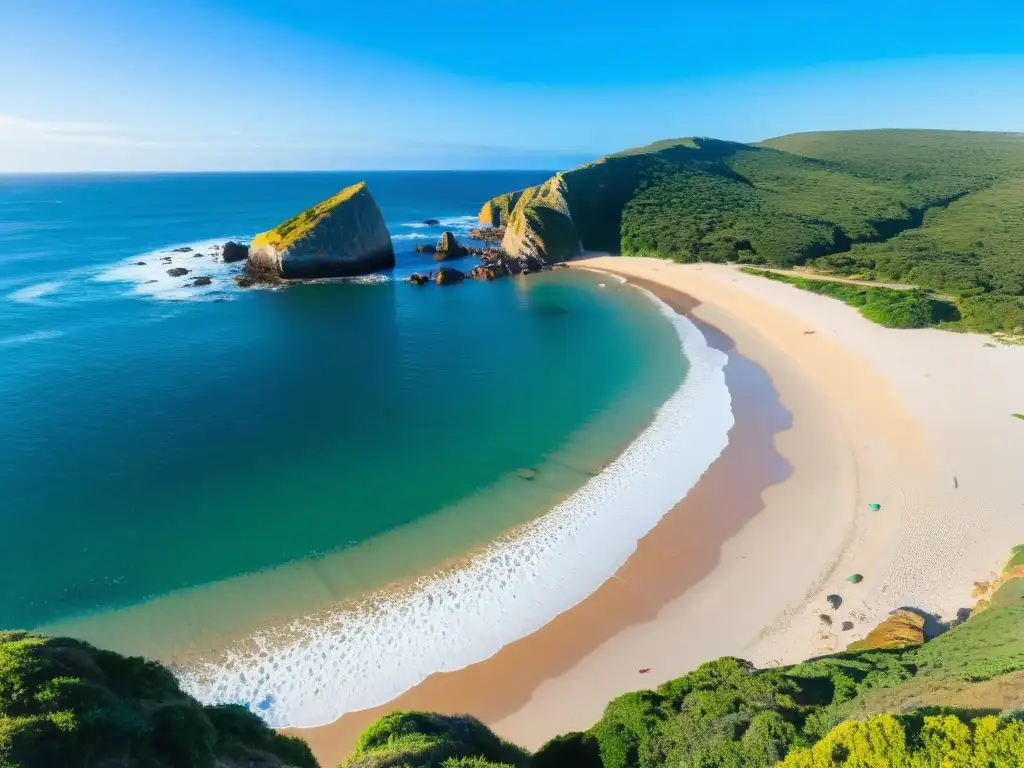 Panorama impresionante del atardecer en una de las playas escondidas de Uruguay, en el litoral, con acantilados verdes y un faro lejano