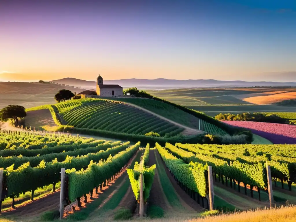 Un panorama impresionante de los viñedos uruguayos al atardecer, reflejando la belleza y la riqueza de la cultura de los vinos uruguayos