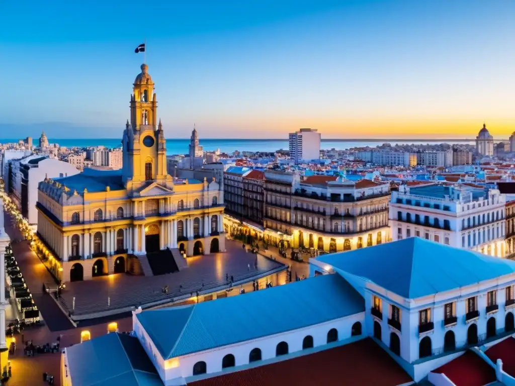 Panorama de Montevideo, con el majestuoso Palacio Salvo y ciudadanos ondeando banderas, entrelazado con eventos históricos Uruguay 2022