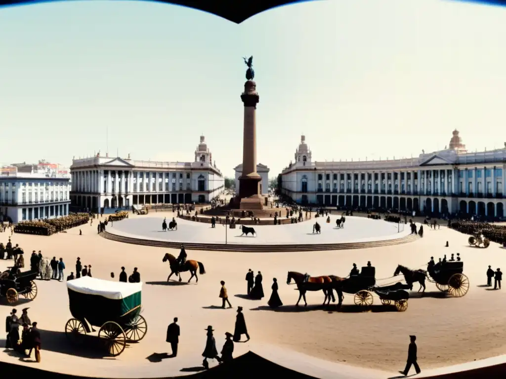 Panorama sepia de la Plaza Independencia en Montevideo, durante el nacimiento de la República Oriental del Uruguay en el siglo XIX