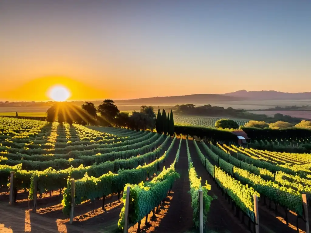 Panorámica del atardecer en un viñedo uruguayo, reflejando la Ruta del Vino Uruguay belleza cultural, con sombras doradas y visitantes encantados