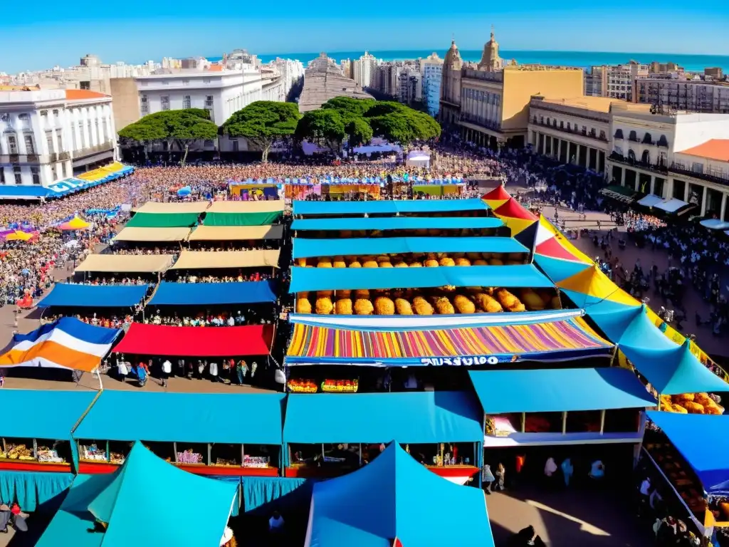 Panorámica de un bullicioso evento gastronómico de cocina uruguaya en Montevideo, colores vibrantes, sabores auténticos y alegría popular