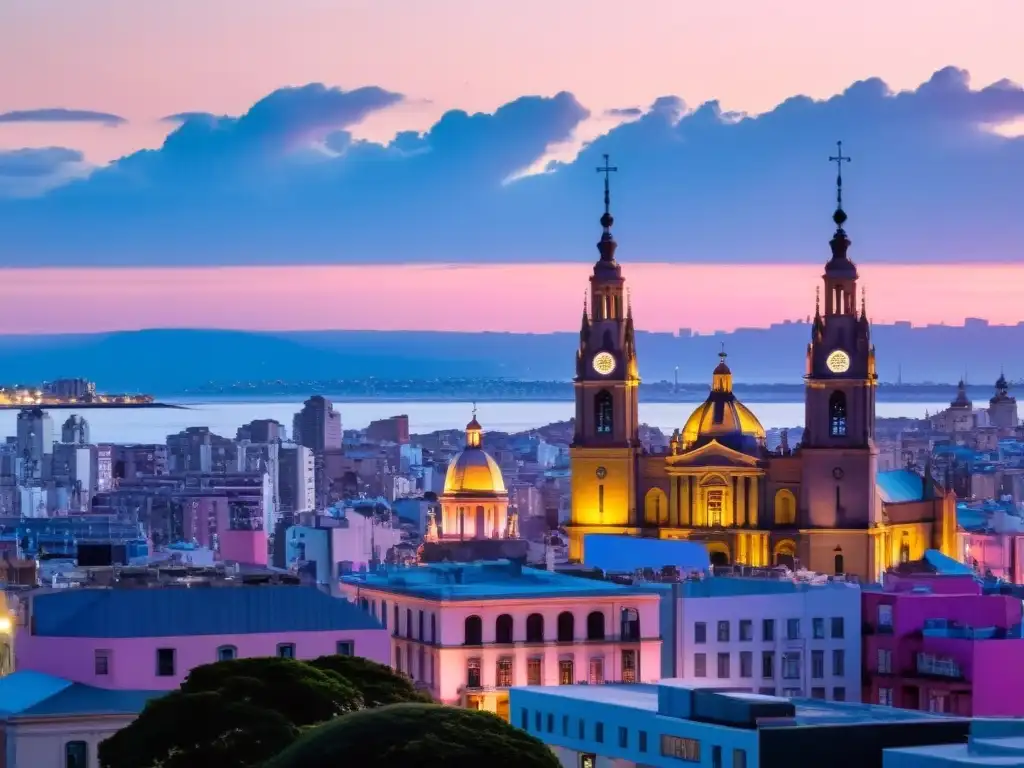 Panorámica de Montevideo al anochecer, con la Catedral Metropolitana y costumbres espirituales populares en Uruguay: el Candombe