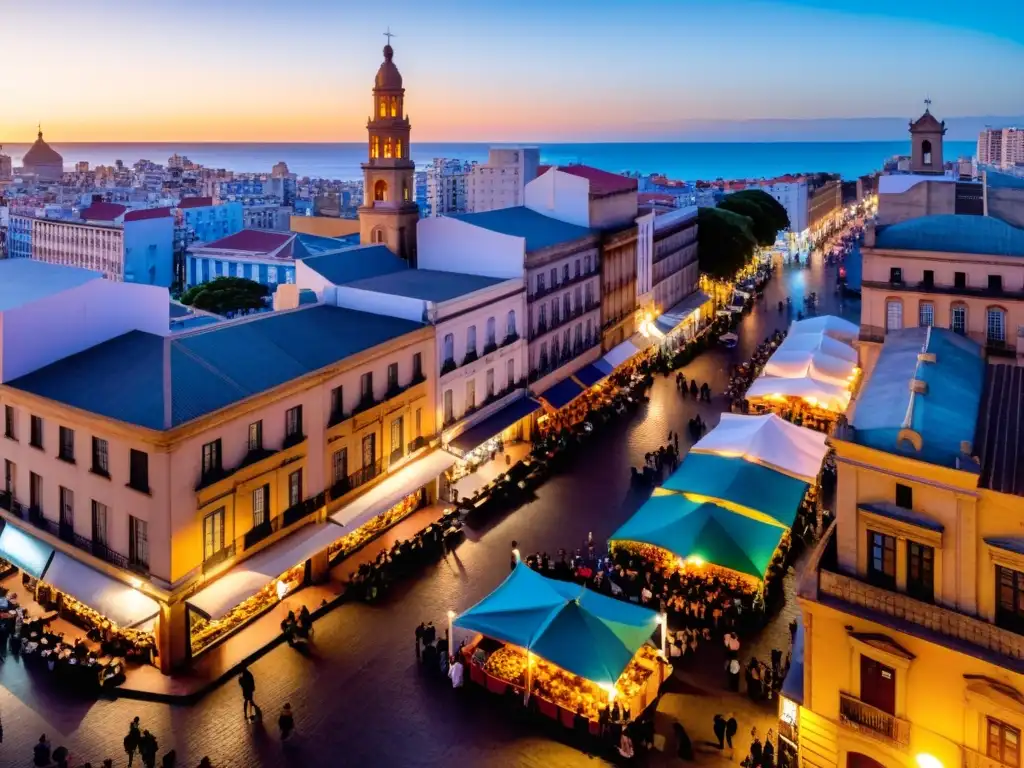 Panorámica de la cultura uruguaya retratos fotografía: feria en Ciudad Vieja, Montevideo, con arquitectura colonial y atardecer vibrante