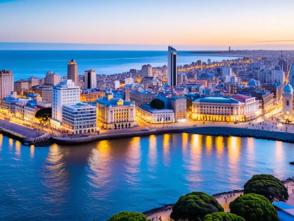 Panorámica detallada del atardecer en Montevideo, Uruguay, con el Palacio Salvo y la Rambla llena de vida