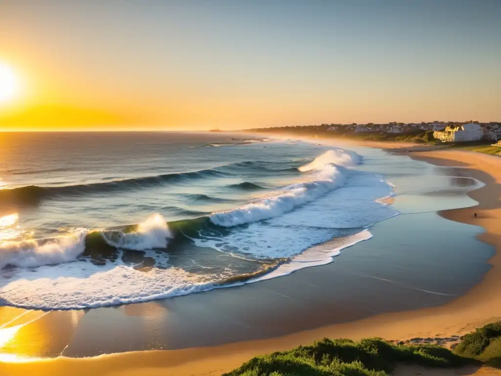 Panorámica dorada del atardecer en Uruguay, con turistas disfrutando de actividades económicas como el vóley playa, bajo el faro de Punta del Este