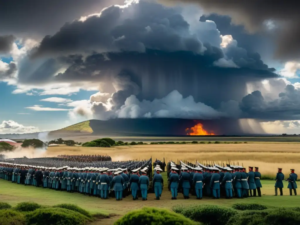 Panorámica dramática de la Guerra Grande en Uruguay, con soldados en batalla, detalles de la historia y cultura de Montevideo en un tono sepia antiguo