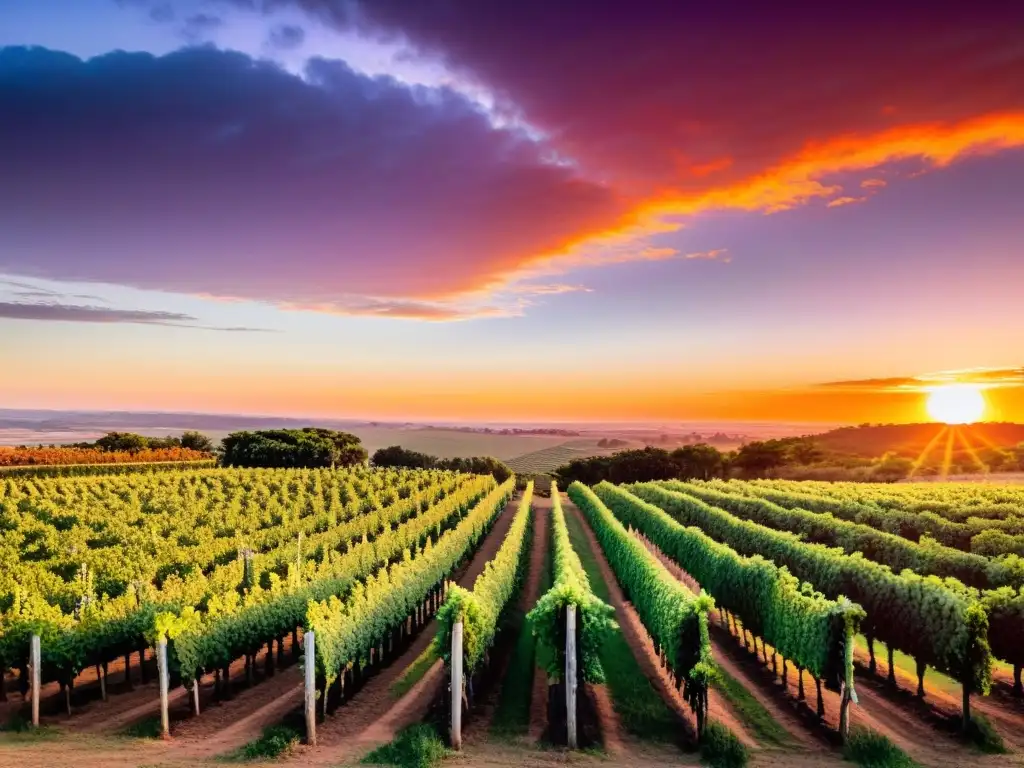 Panorámica emotiva de un viñedo uruguayo al atardecer, con uvas maduras y trabajadores recogiéndolas, capturando la rica cultura del vino en Uruguay