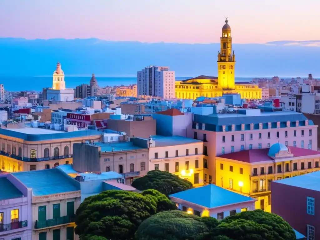 Panorámica encantadora de Montevideo con Palacio Salvo y Torre Antel al atardecer, un hostal económico y consejos para viajar barato a Uruguay