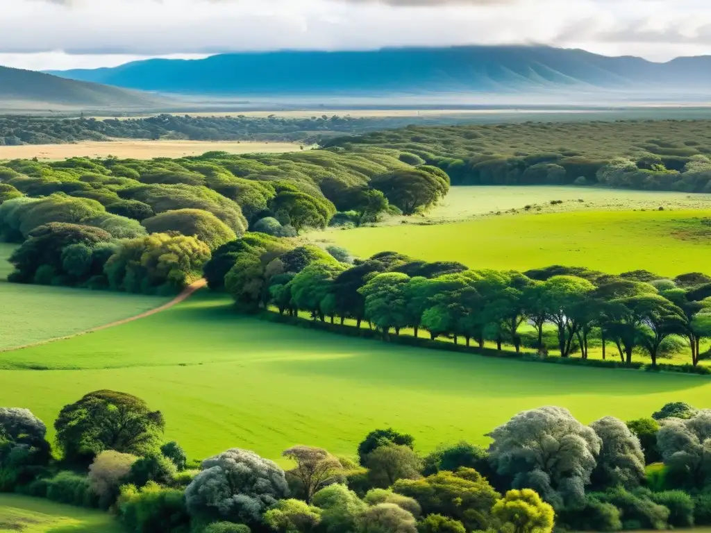 Panorámica de estancias de ecoturismo en Uruguay, donde la naturaleza brilla entre pastos verdes, ganado y ríos serenos