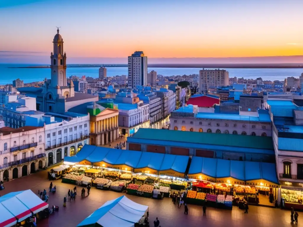 Panorámica fascinante de Montevideo, mostrando su vibrante Mercado del Puerto y el Palacio Salvo, bajo un atardecer mágico