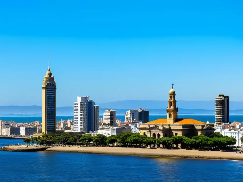 Panorámica de la historia y modernidad de Montevideo, desde la arquitectura colonial hasta los rascacielos modernos, con el Palacio Salvo destacando