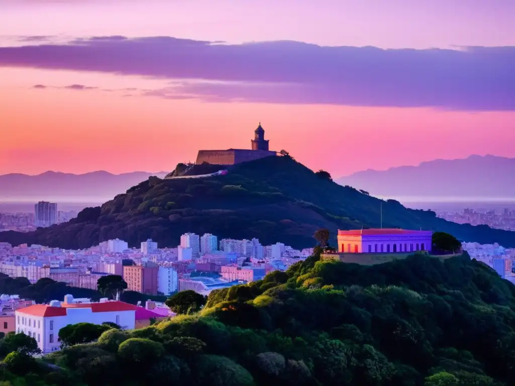 'Panorámica del leyenda Cerro Montevideo al atardecer, mitos y realidades en una vista de tonos anaranjados, rosas y morados