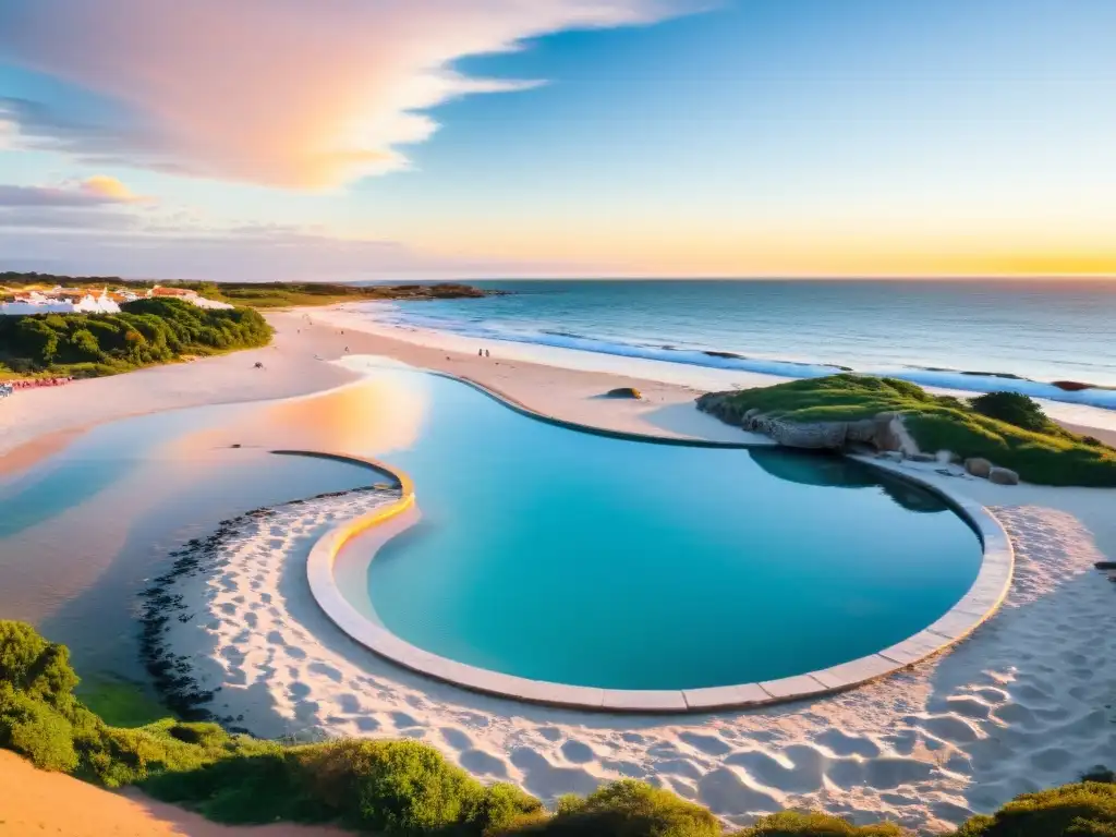 Visión panorámica de las mejores termas marinas balnearios en Uruguay, bañadas por un sol poniente y llenas de alegría y tranquilidad