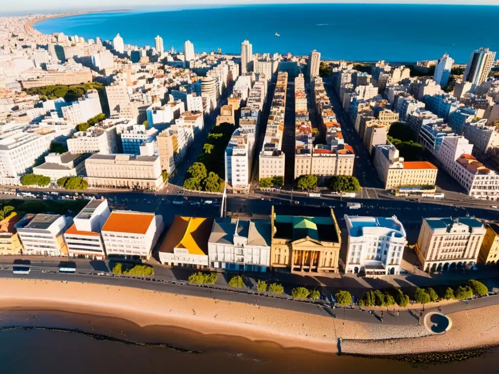 Panorámica de Montevideo en el ocaso, con su vibrante paisaje urbano y tranquila costa, simbolizando el sistema sanitario en Uruguay