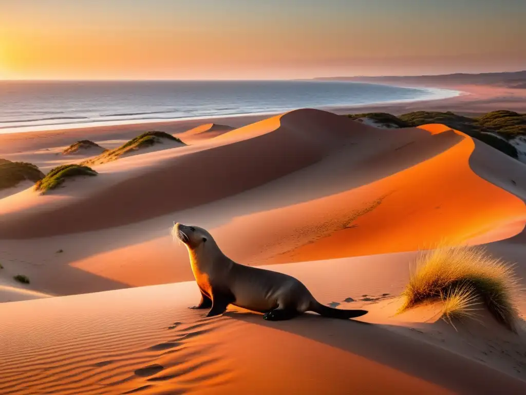 Panorámica de las ondulantes dunas del ecosistema de la costa uruguaya al atardecer, con colores intensos y vida silvestre