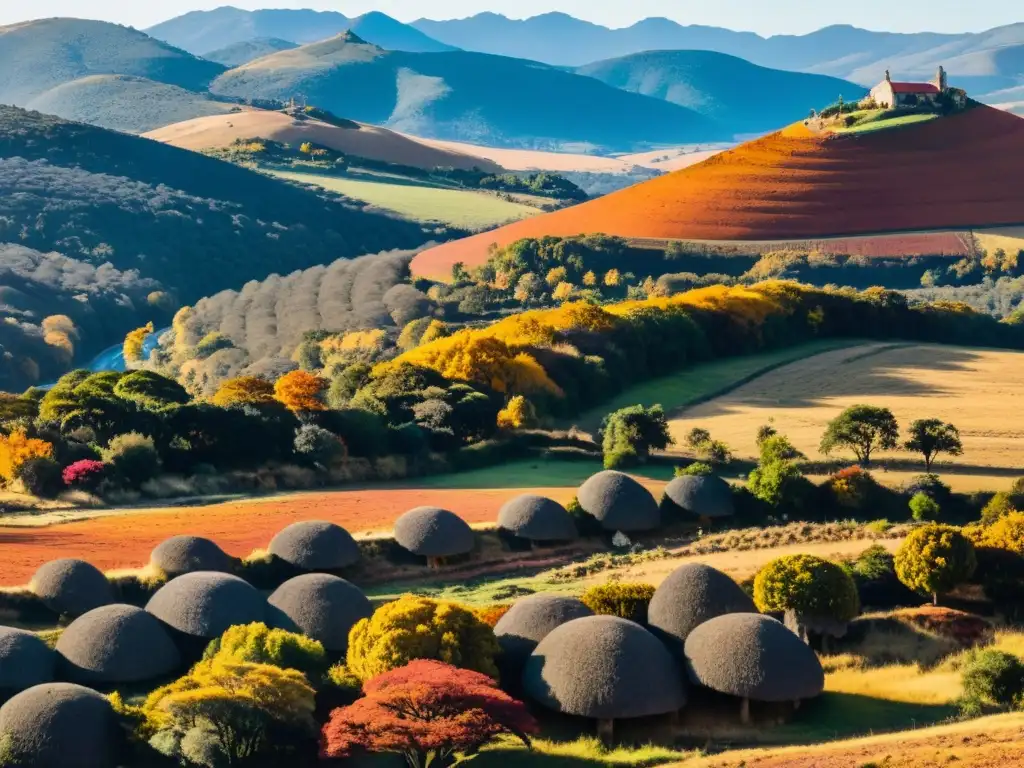 Panorámica otoñal de las Sierras de Minas, Uruguay: belleza y cultura residen en sus colinas vibrantes, pueblo rústico y cascada majestuosa