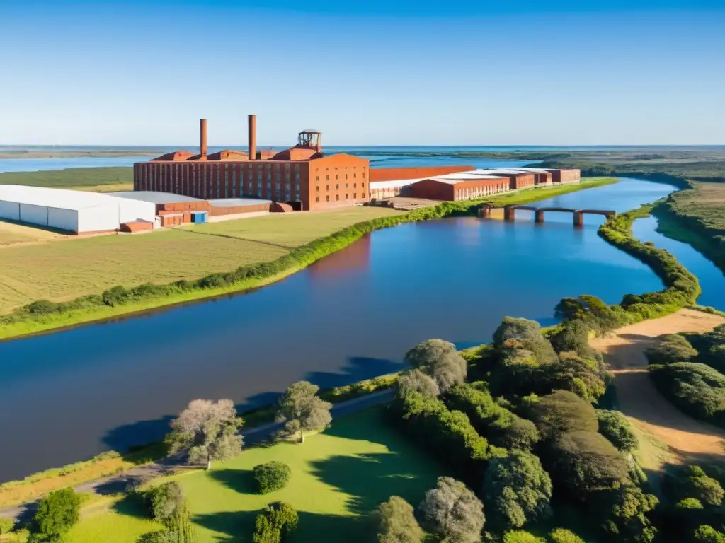 Panorámica cálida del Paisaje Industrial Fray Bentos Uruguay, su fábrica icónica y el río brillando al atardecer