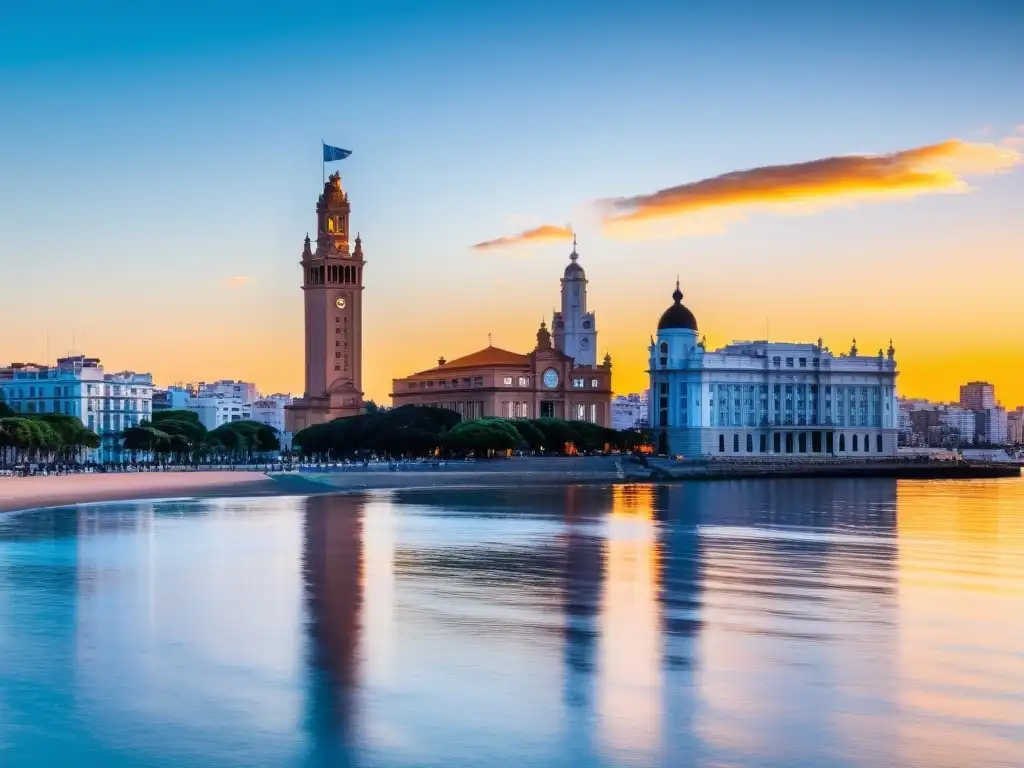 Panorámica de la Rambla de Montevideo, con el icónico Palacio Salvo y la moderna Torre Antel, ejemplificando la Arquitectura histórica en Uruguay