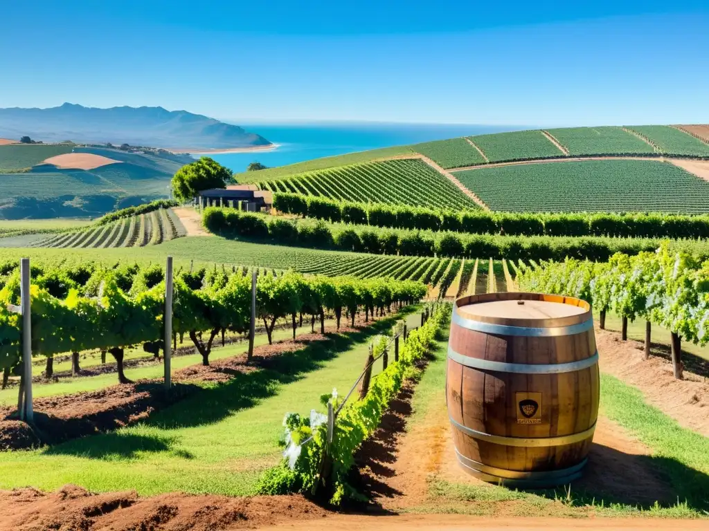 Panorámica de un soleado viñedo uruguayo, cuna de la tradicional cultura culinaria uruguaya, rodeado de olivos y gauchos disfrutando del vino