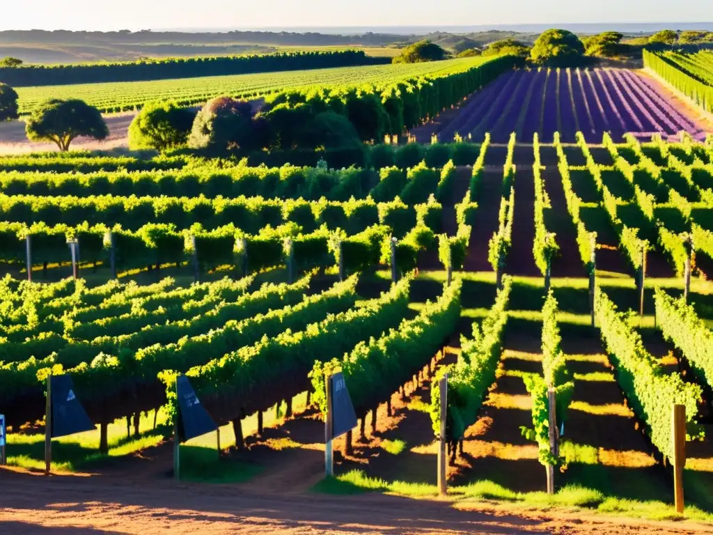 Panorámica de un viñedo uruguayo al atardecer dorado, con trabajadores recolectando uvas maduras y el rústico 'Ruta del vino en Uruguay' resaltado