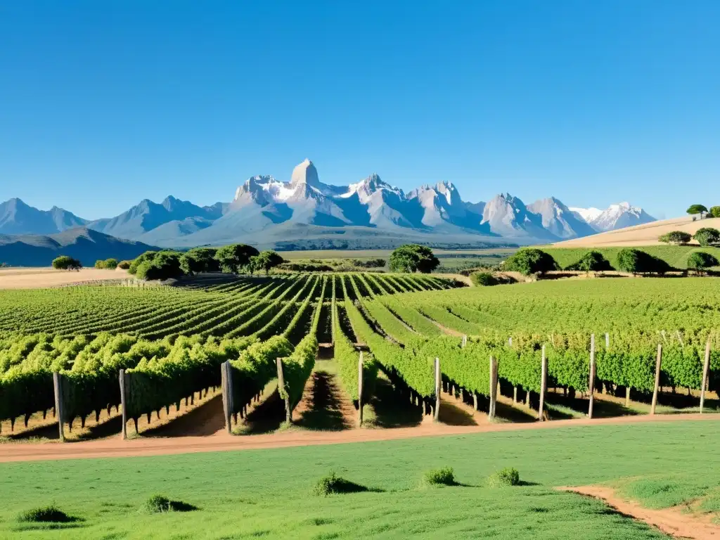 Panorámica de viñedos uruguayos bajo un cielo azul, gauchos al fondo y la Ruta del Vino Uruguay belleza cultural en primer plano