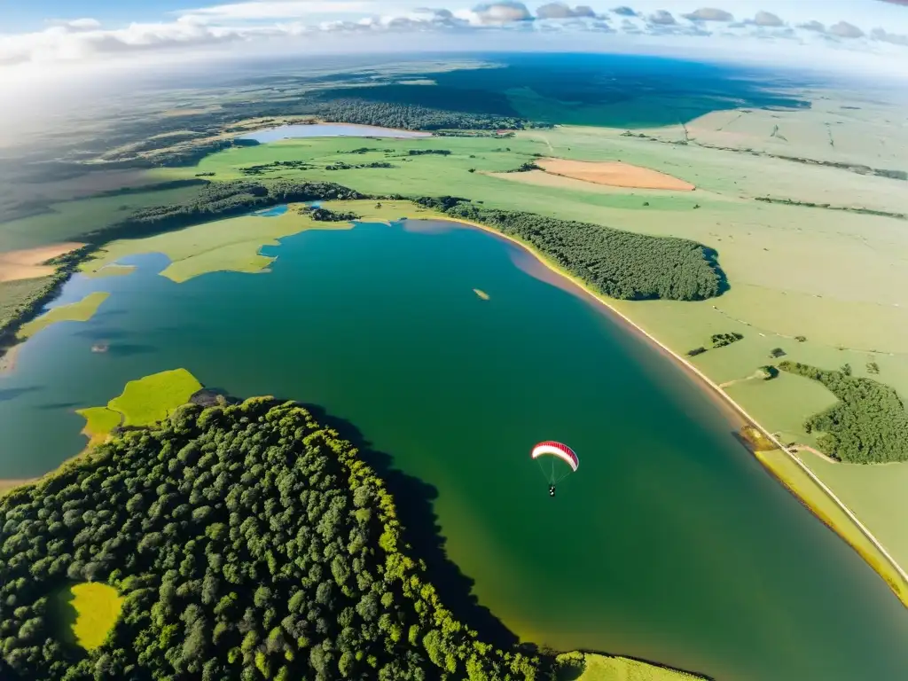 Paracaidista en descenso revelando los mejores lugares para paracaidismo en Uruguay, en un atardecer vibrante y cautivador